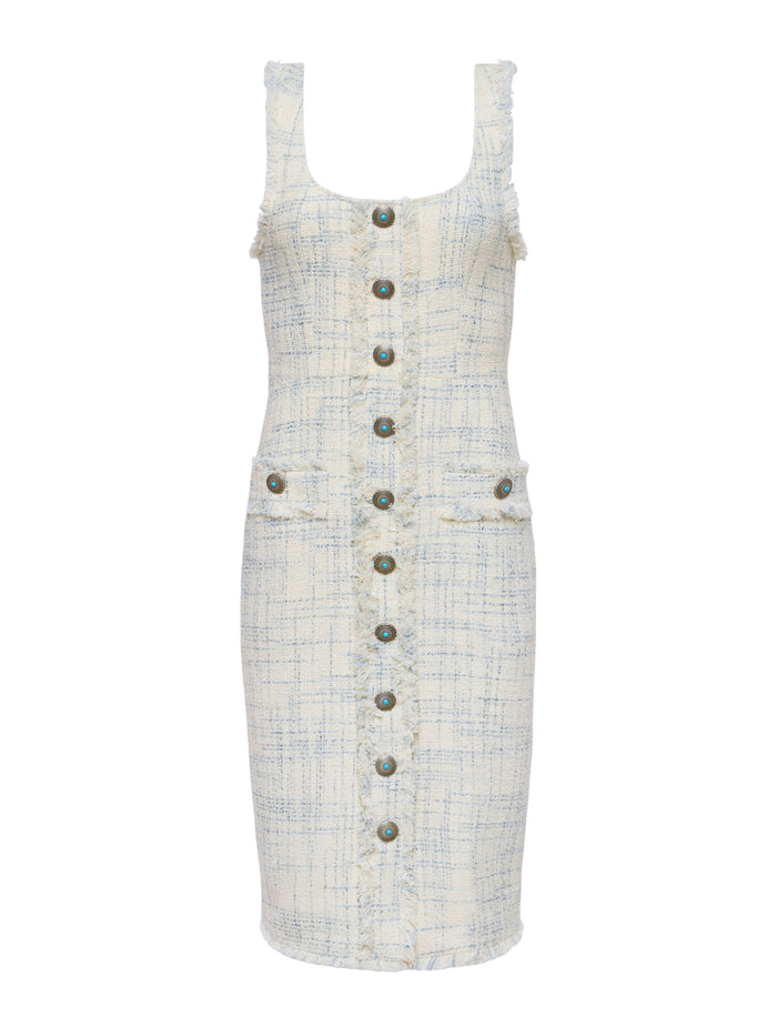 L'agence Robe Mi-longue En Tweed Aya Vintage White/Blue Check