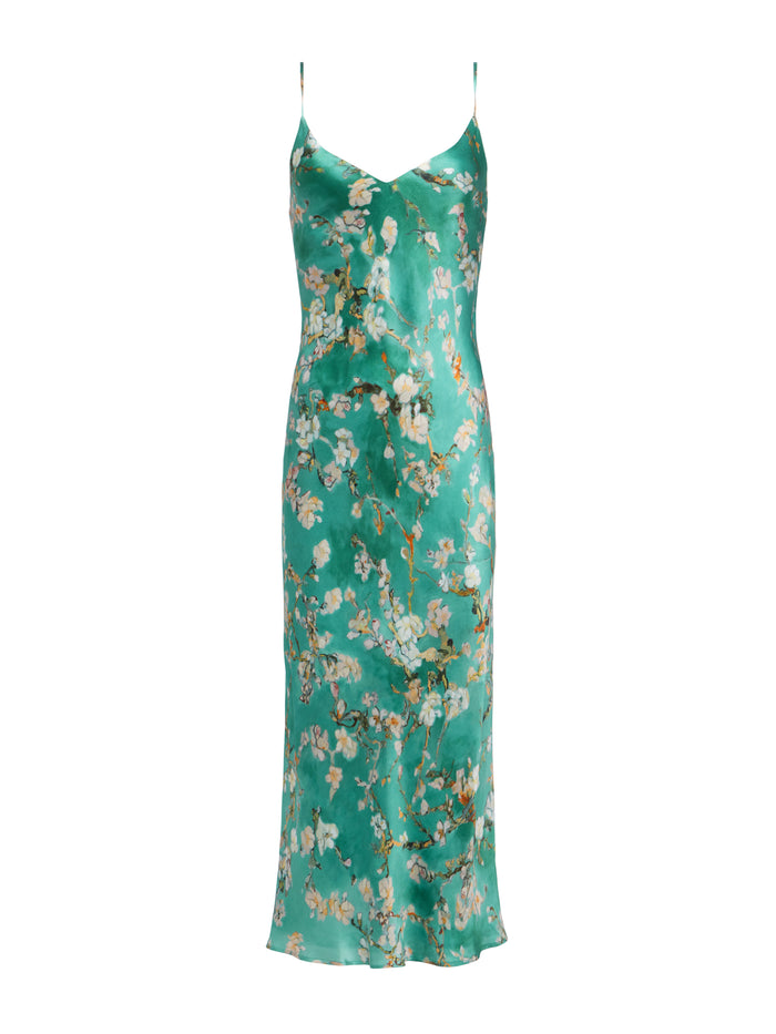 L'agence Robe Nuisette En Soie Seridie Teal Multi Watercolor Cherry Blossom
