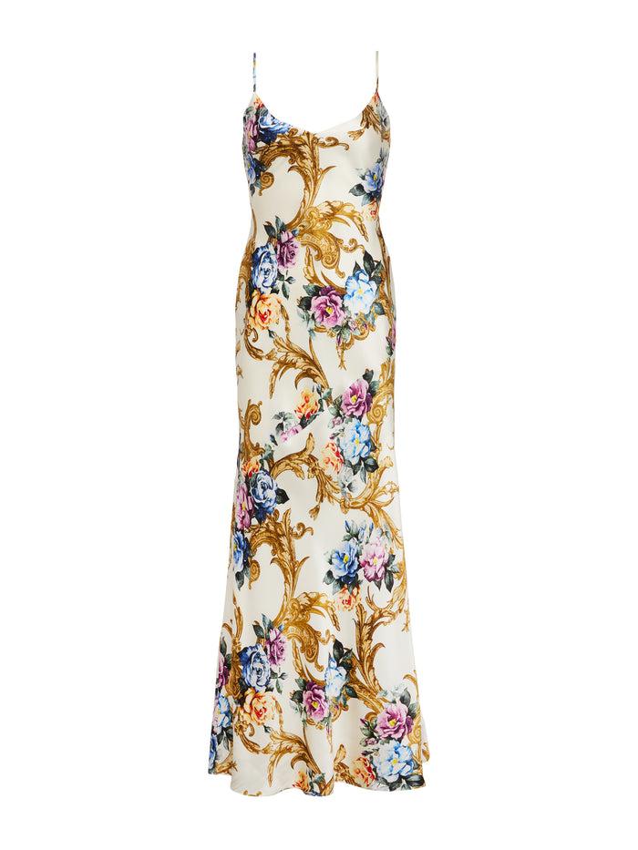 L'agence Robe Nuisette En Soie Serita Vintage White Large Floral Baroque