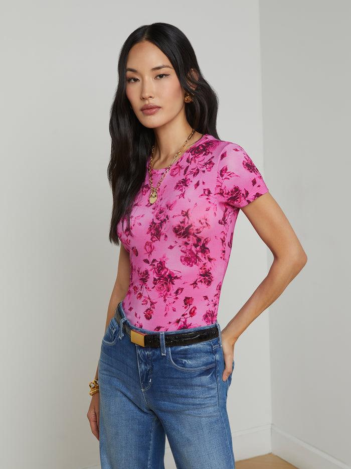 L'agence T-shirt Ajusté Ressi Pink Multi Watercolor Rose