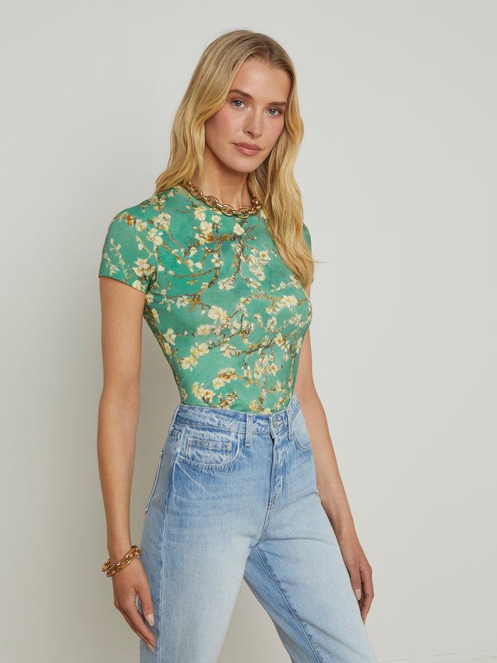 l'agence T-shirt ajusté Ressi Teal Multi Watercolor Cherry Blossom