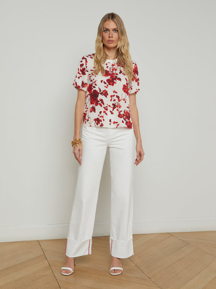 L'agence T-shirt En Soie à Ourlet Brut Suzette Ivory/Red Ikebana