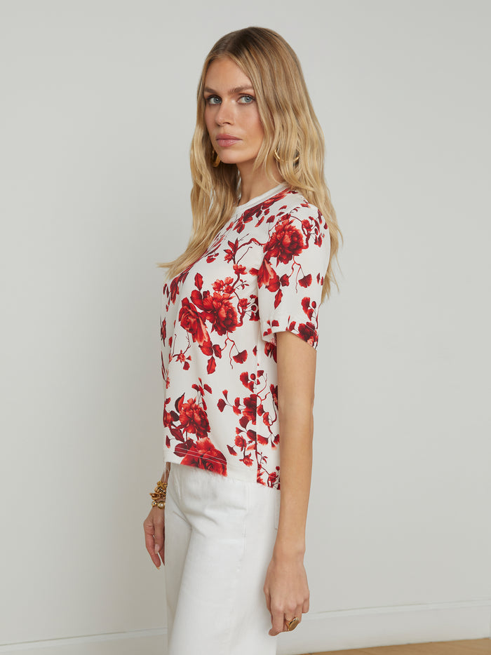 l'agence T-shirt en soie à ourlet brut Suzette Ivory/Red Ikebana