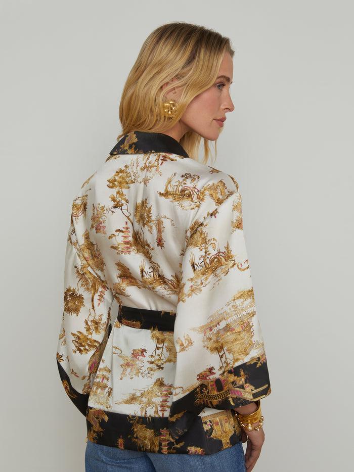 L'agence Veste Cache-cœur En Satin Hinata Ecru Multi Chinoiserie