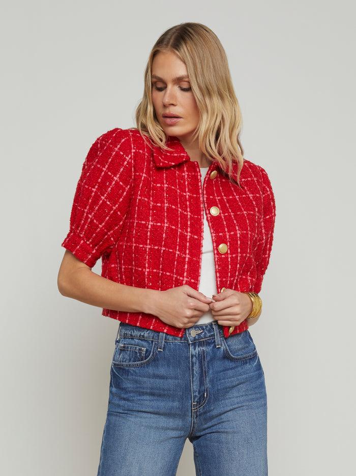 L'agence Veste Courte En Tweed Cove Red/Hot Pink Plaid