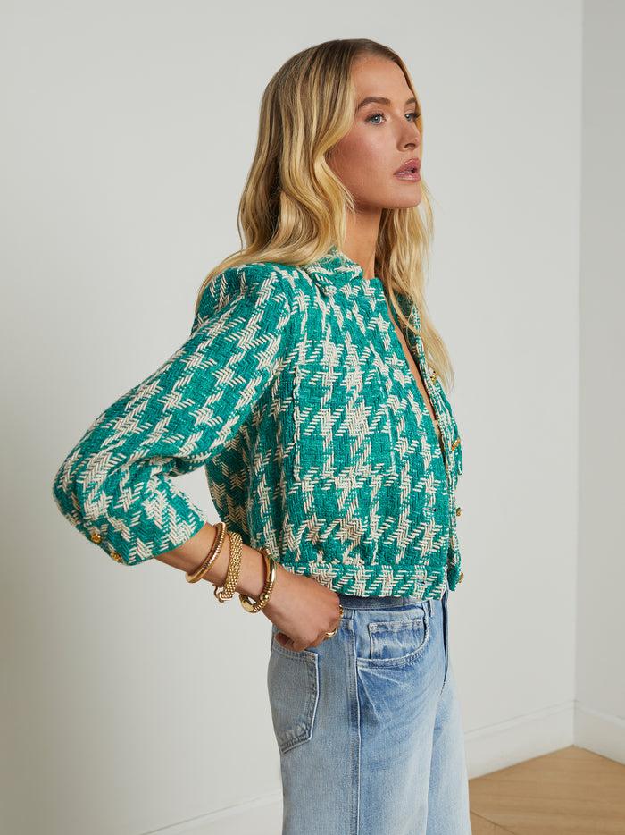 L'agence Veste En Tweed Jia à Imprimé Pied-de-poule Vintage White/Teal Houndstooth