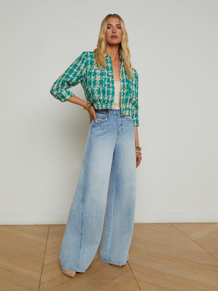 L'agence Veste En Tweed Jia à Imprimé Pied-de-poule Vintage White/Teal Houndstooth