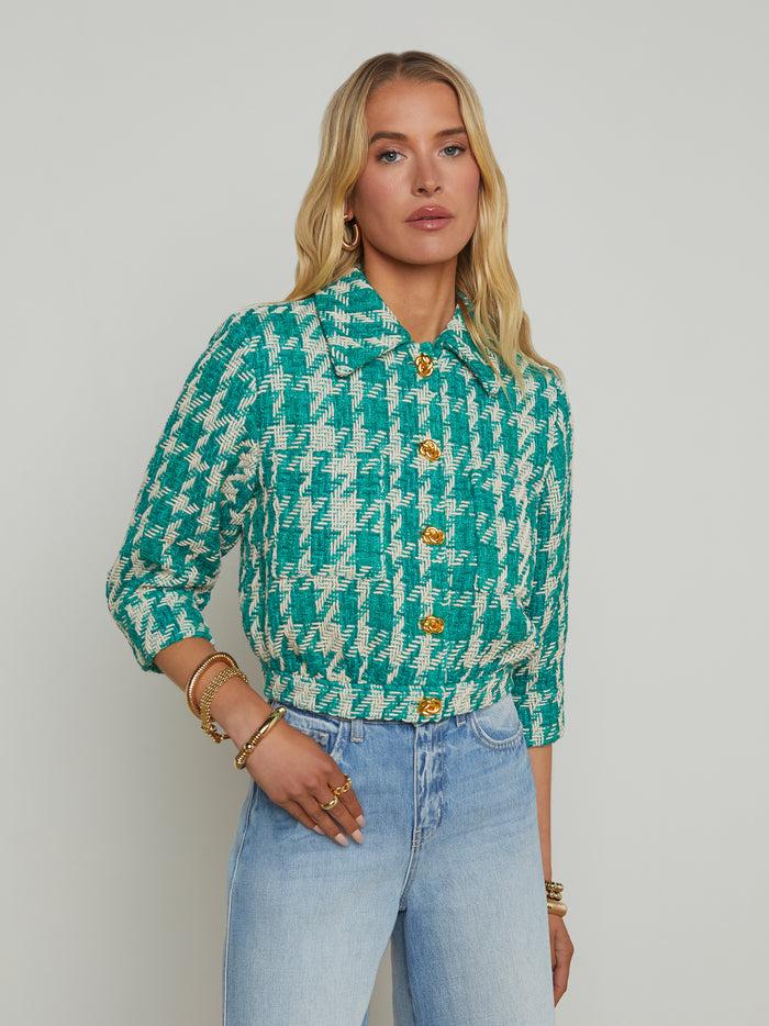 l'agence Veste en tweed Jia à imprimé pied-de-poule Vintage White/Teal Houndstooth