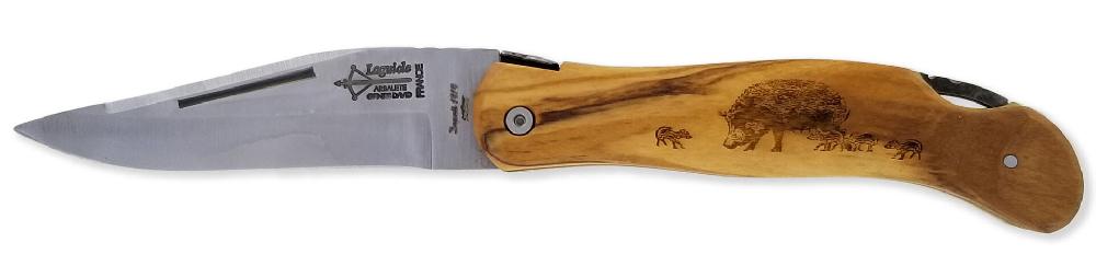 laguiole Couteau de Chasse Cube Laguiole Arbalète Plein Manche Olivier avec Gravure Sanglier 12cm