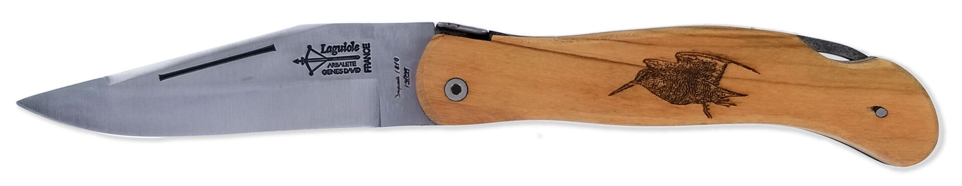 laguiole Couteau de Chasse Cube Laguiole Arbalète Plein Manche Olivier avec Gravure Bécasse 12cm