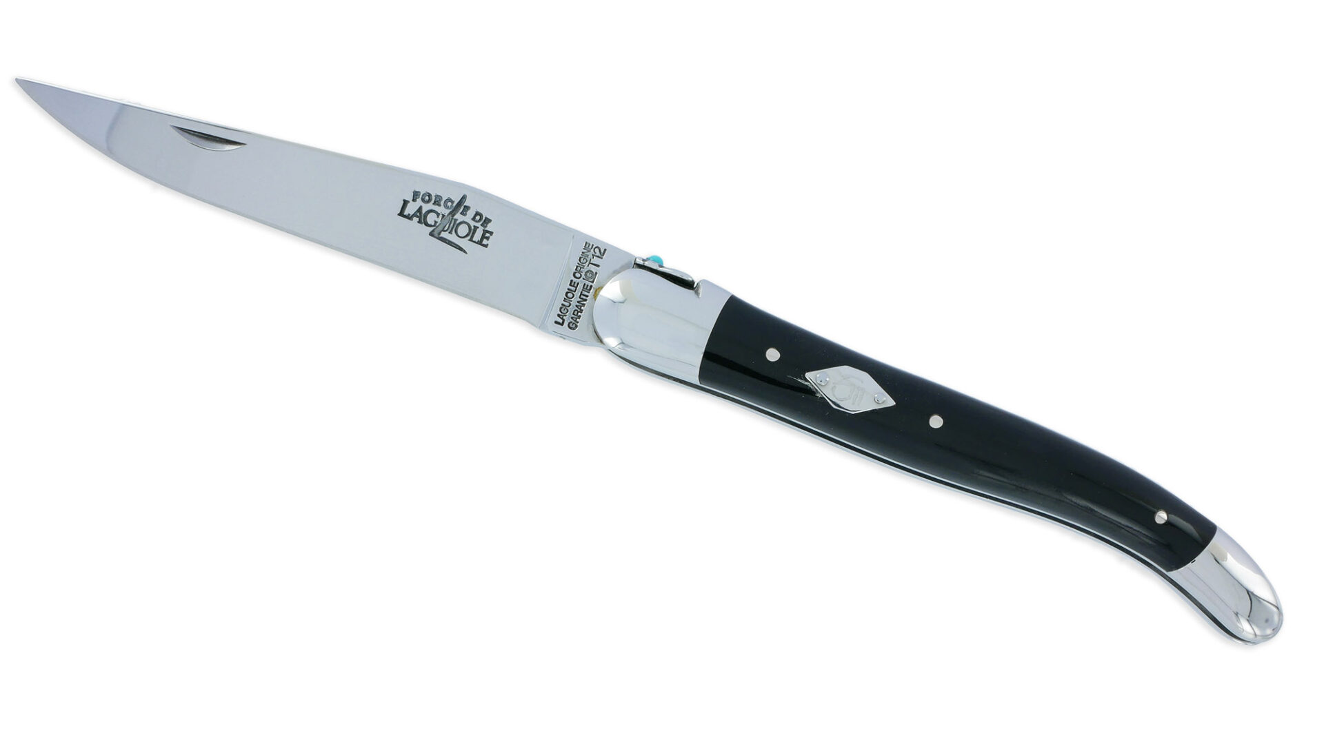 Laguiole Couteau Forge De Laguiole Eddy Mitchell Buffle 2 Mitres Inox Brillant Ressort 2 Perles Turquoise Plaque Avec Initiales Du Chanteur 1 Pièce Finition Brillante 11cm