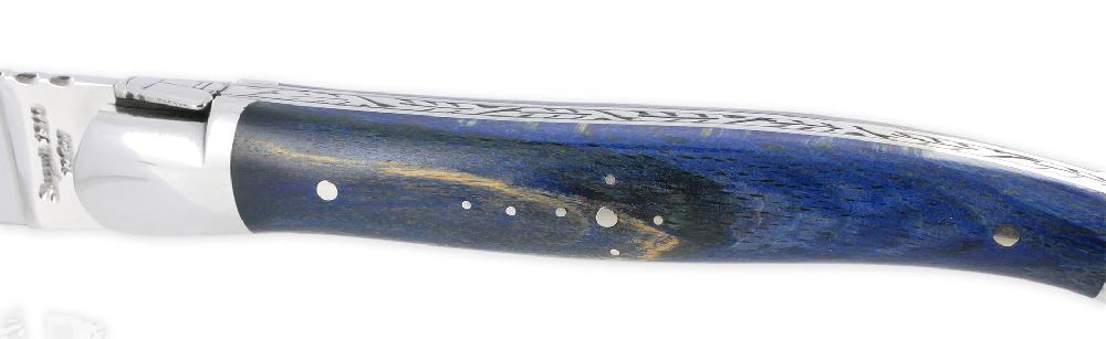 Laguiole Couteau Laguiole Arbalète Manche Hêtre Stabilisé Teinté Bleu 2 Mitres Inox Brillant 1 Pièce 12cm