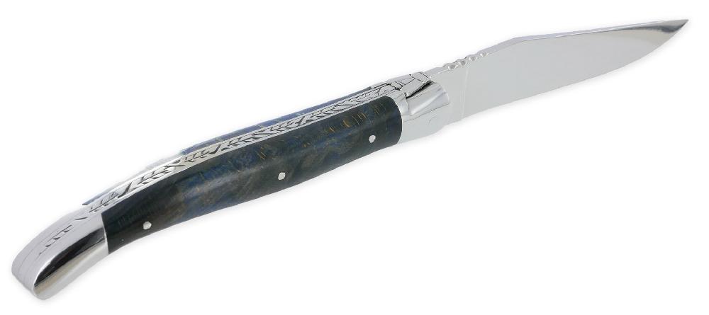 Laguiole Couteau Laguiole Arbalète Manche Hêtre Stabilisé Teinté Bleu 2 Mitres Inox Brillant 1 Pièce 12cm