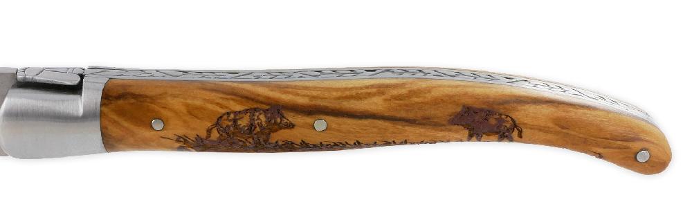Laguiole Couteau Laguiole D’Antan Manche Olivier Gravure Sanglier 1 Mitre Inox Brossé 1 Pièce 12cm