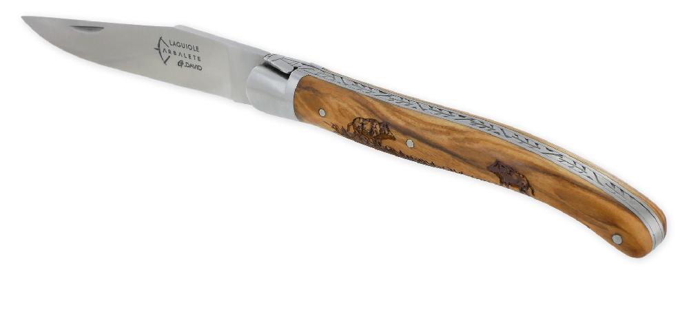 laguiole Couteau Laguiole d’Antan Manche Olivier Gravure Sanglier 1 Mitre Inox Brossé 1 Pièce 12cm