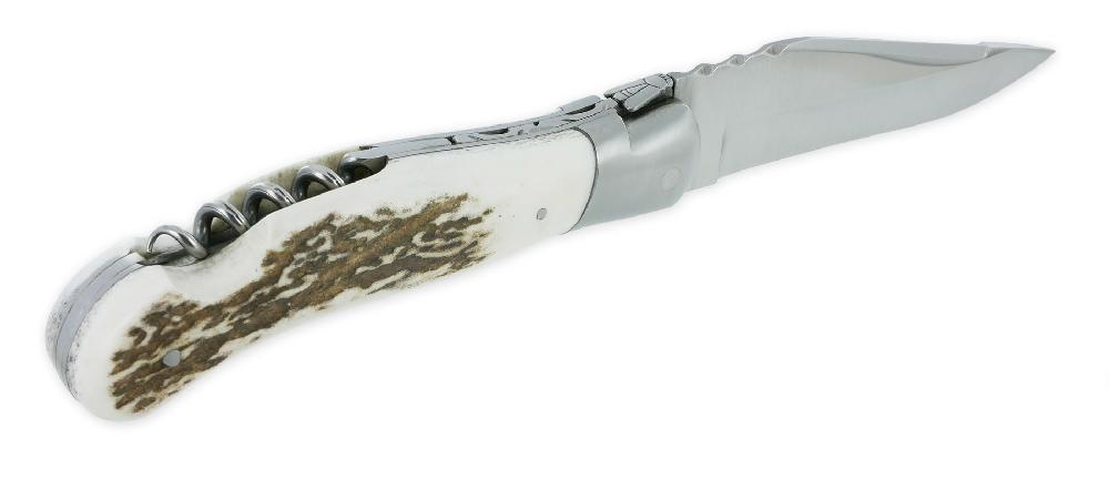 laguiole Couteau Laguiole de Chasse Arbalète avec Tire Bouchon Manche Bois de cerf 12cm Finition Brossée