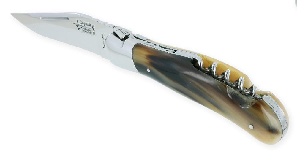 laguiole Couteau Laguiole de Chasse Arbalète avec Tire Bouchon Manche Pointe de Corne 12cm