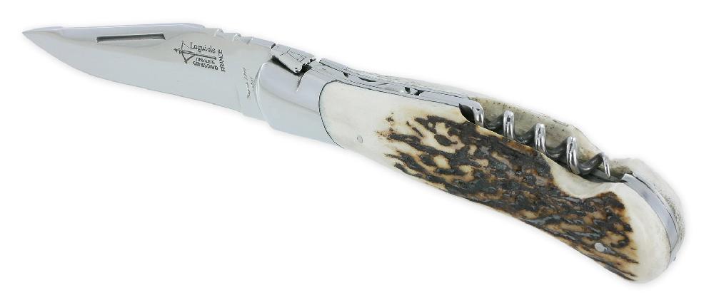 laguiole Couteau Laguiole de Chasse Arbalète avec Tire Bouchon Manche Bois de cerf 12cm Finition Brillante