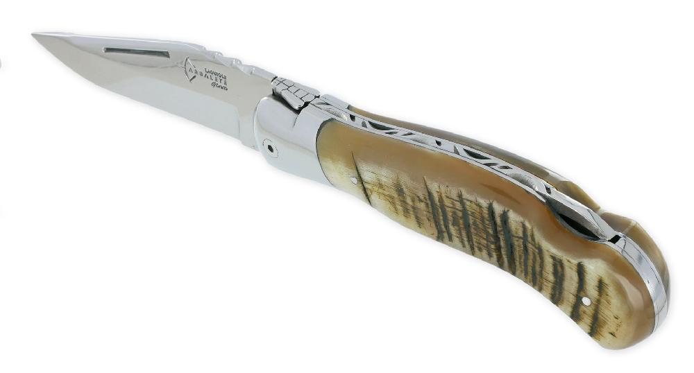 laguiole Couteau Laguiole de Chasse Arbalète Manche Croute de Bélier Blond Finition Brillante 12cm