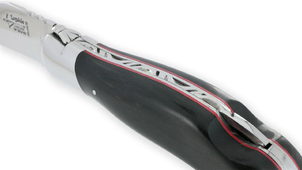 laguiole Couteau Laguiole de Chasse Arbalète Manche Ebène entretoises rouges 12cm