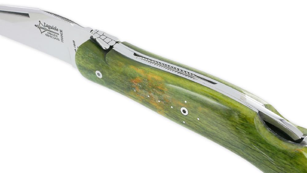 laguiole Couteau Laguiole de Chasse Arbalète Manche Os Teinté Safari 12cm Finition Brillante