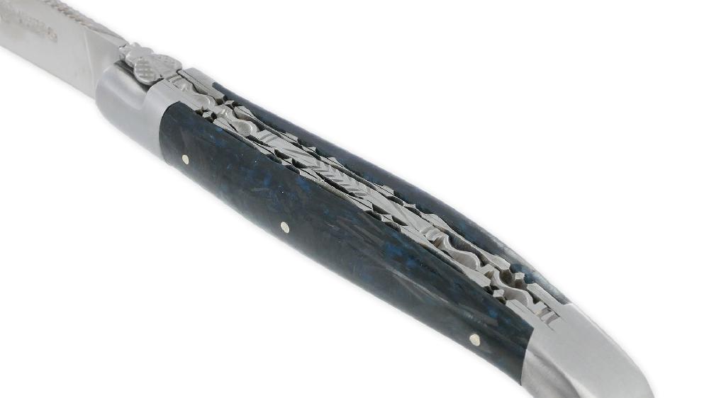 Laguiole Couteau Laguiole En Aubrac 1 Pièce 12 Cm Double Platines Carbone Pailleté Bleu Nacré 2 Mitres Inox Brossé Lame Inox Brossé Num 1