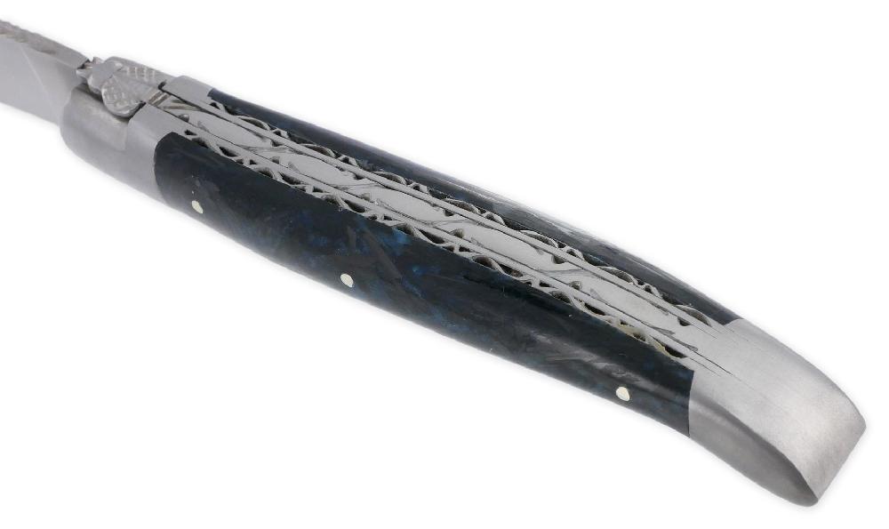 Laguiole Couteau Laguiole En Aubrac 1 Pièce 12 Cm Double Platines Carbone Pailleté Bleu Nacré 2 Mitres Inox Brossé Lame Inox Brossé Num3