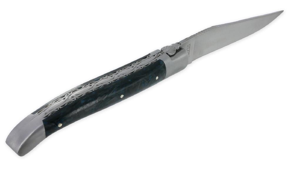 Laguiole Couteau Laguiole En Aubrac 1 Pièce 12 Cm Double Platines Carbone Pailleté Bleu Nacré 2 Mitres Inox Brossé Lame Inox Brossé Num3