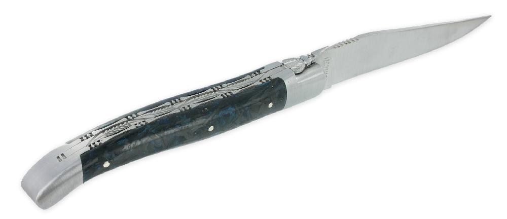 Laguiole Couteau Laguiole En Aubrac 1 Pièce 12 Cm Double Platines Carbone Pailleté Bleu Nacré 2 Mitres Inox Brossé Lame Inox Brossé Num4