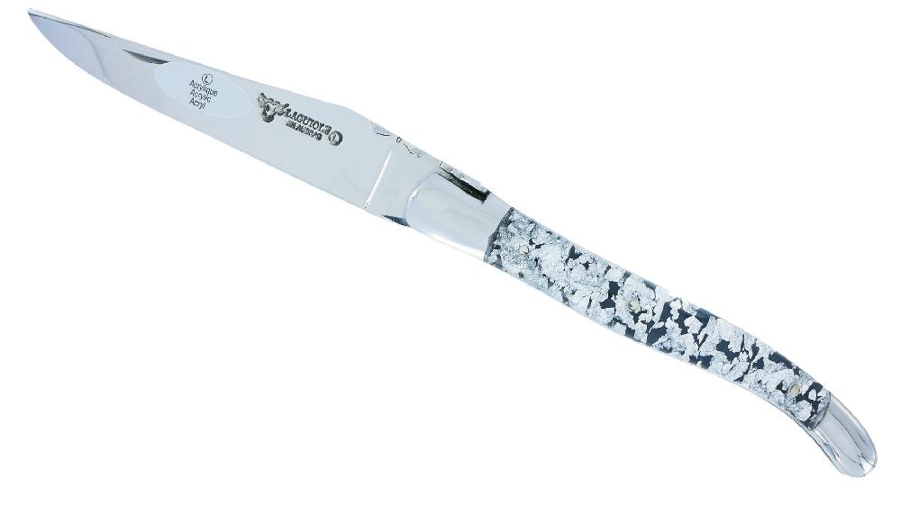 Laguiole Couteau Laguiole En Aubrac 1 Pièce 12 Cm Manche Acrylique Pailleté Argent 2 Mitres Finition Brillante