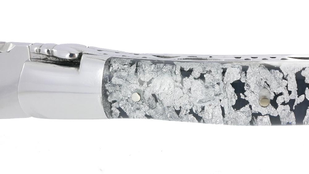 Laguiole Couteau Laguiole En Aubrac 1 Pièce 12 Cm Manche Acrylique Pailleté Argent 2 Mitres Finition Brillante