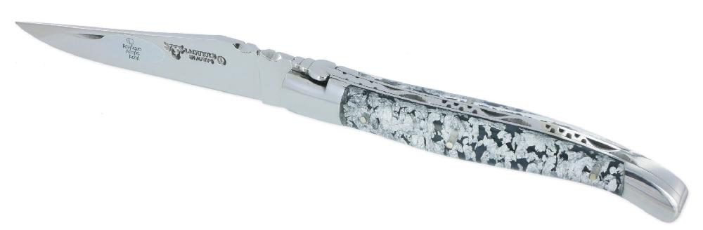 laguiole Couteau Laguiole en Aubrac 1 Pièce 12 cm Manche Acrylique Pailleté Argent 2 Mitres Finition Brillante