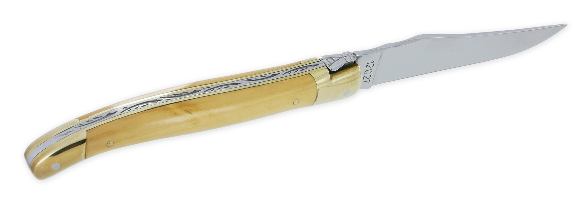 Laguiole Couteau Laguiole En Aubrac 1 Pièce 12 Cm Manche Buis Marqueterie Taureau Etain 2 Mitres Laiton