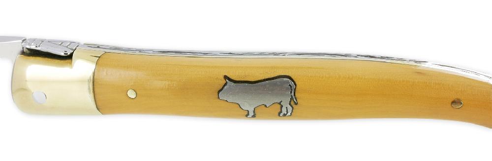 Laguiole Couteau Laguiole En Aubrac 1 Pièce 12 Cm Manche Buis Marqueterie Taureau Etain 2 Mitres Laiton