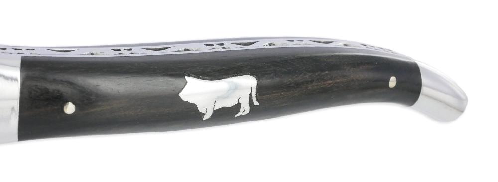 Laguiole Couteau Laguiole En Aubrac 1 Pièce 12 Cm Manche Ebène Marqueterie Taureau Etain 2 Mitres Inox Brillant
