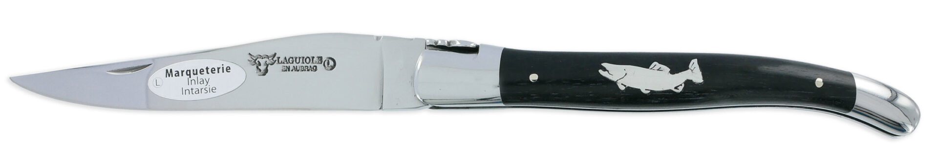 Laguiole Couteau Laguiole En Aubrac 1 Pièce 12 Cm Manche Ebène Marqueterie Truite En Etain 2 Mitres Inox Brillant