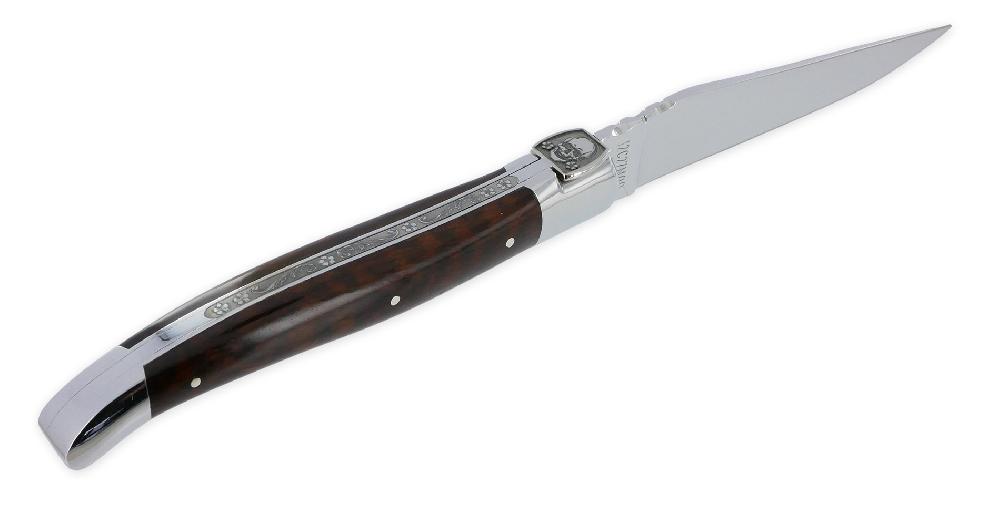 Laguiole Couteau Laguiole En Aubrac 1 Pièce 12 Cm Manche En Amourette Ressort Gravé Mouche Forgée Prestige Tête De Mort 2 Mitres Inox Brillant