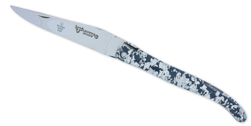 laguiole Couteau Laguiole en Aubrac 1 Pièce 12 cm Plein Manche Acrylique Pailleté Argent Finition Brillante