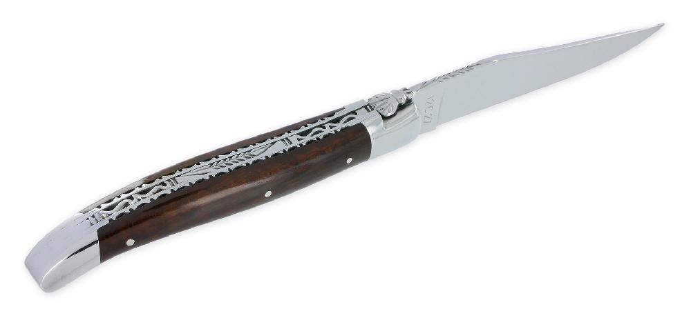 Laguiole Couteau Laguiole En Aubrac 1 Pièce 12cm Manche Bois D’Amourette Double Platines Et Ressort Guilloches 2 Mitres Finition Brillante Mouche Forgée NUM3
