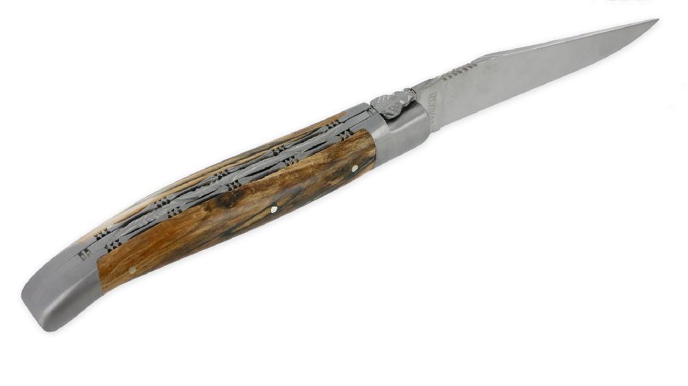 Laguiole Couteau Laguiole En Aubrac 1 Pièce 12cm Manche Bois D’Aubrac 2 Mitres Inox Brossé Double Platines Et Ressort Guillochés Finition Brossée NUM1