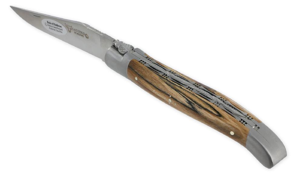 laguiole Couteau Laguiole en Aubrac 1 pièce 12cm Manche Bois d’Aubrac 2 Mitres Inox Brossé Double Platines et Ressort Guillochés Finition brossée NUM1