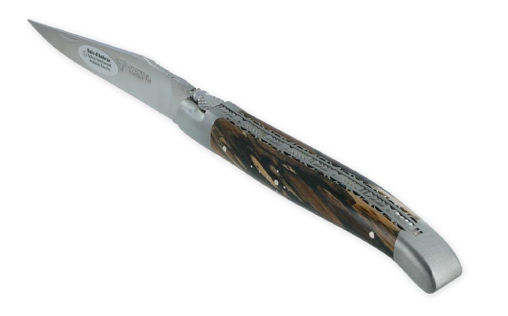 laguiole Couteau Laguiole en Aubrac 1 pièce 12cm Manche Bois d’Aubrac 2 Mitres Inox Brossé Double Platines et Ressort Guillochés Finition brossée NUM4