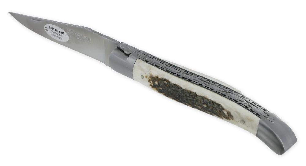 laguiole Couteau Laguiole en Aubrac 1 pièce 12cm Manche Bois de cerf Mitres Inox Brossé Double Platines et Ressort Guillochés Finition brossée NUM1