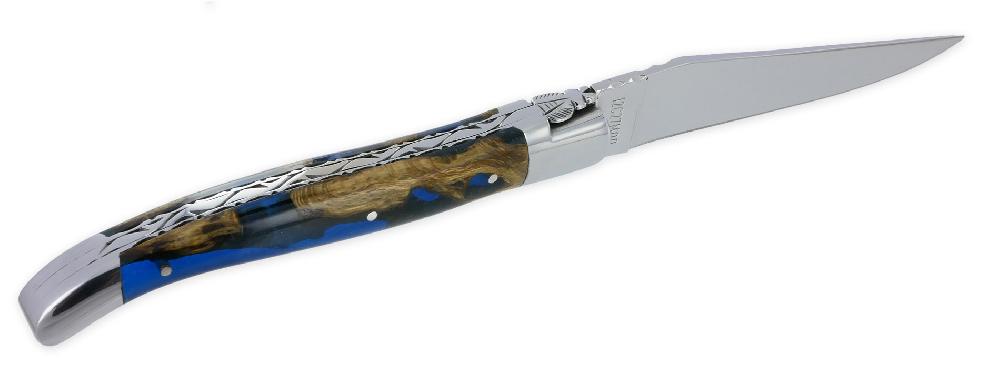 Laguiole Couteau Laguiole En Aubrac 1 Pièce 12cm Manche Cactus Bleu 2 Mitres Platines Et Ressort Guillochés Finition Brillante