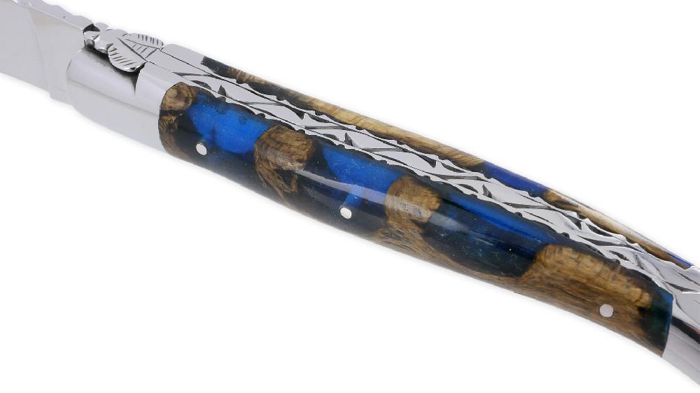 Laguiole Couteau Laguiole En Aubrac 1 Pièce 12cm Manche Cactus Bleu 2 Mitres Platines Et Ressort Guillochés Finition Brillante