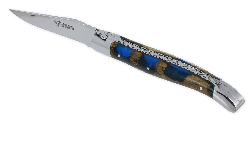 Laguiole Couteau Laguiole En Aubrac 1 Pièce 12cm Manche Cactus Bleu 2 Mitres Platines Et Ressort Guillochés Finition Brillante