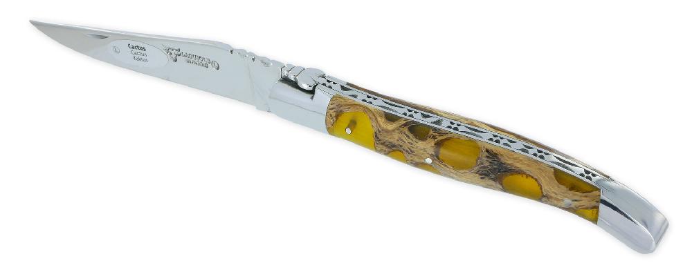 laguiole Couteau Laguiole en Aubrac 1 pièce 12cm Manche Cactus Ambré 2 Mitres Inox Brillant