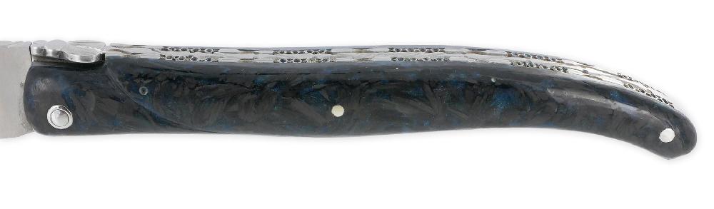 Laguiole Couteau Laguiole En Aubrac 1 Pièce 12cm Manche Carbone Pailleté Bleu Nacré Plein Manche Finition Brossée Double Platines