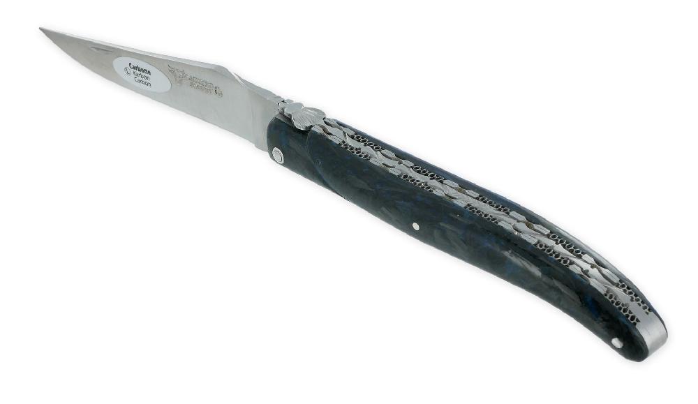 laguiole Couteau Laguiole en Aubrac 1 pièce 12cm Manche Carbone Pailleté Bleu Nacré Plein Manche Finition Brossée Double Platines