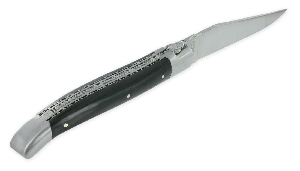 Laguiole Couteau Laguiole En Aubrac 1 Pièce 12cm Manche En Morta Double Platines Et Ressort Guillochés 2 Mitres Mouche Forgée Prestige Finition Brossée